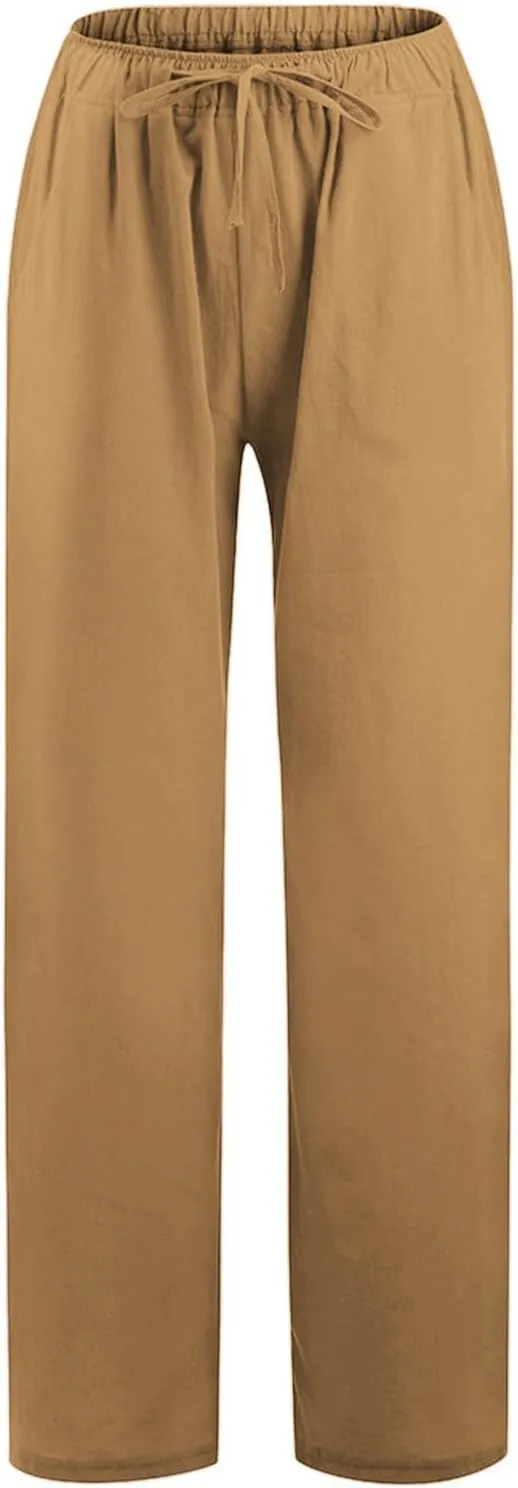 Linen Drawstring Pants Women 2025 Baggy Y2K Summer Stretchy Boho Beach Pants Relaxed Loose Fit Elastic Lightweight Trousers