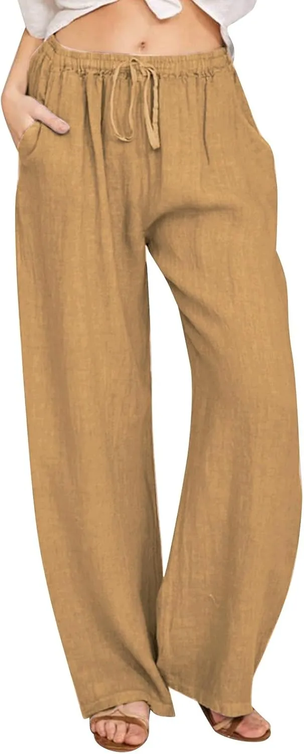 Linen Drawstring Pants Women 2025 Baggy Y2K Summer Stretchy Boho Beach Pants Relaxed Loose Fit Elastic Lightweight Trousers