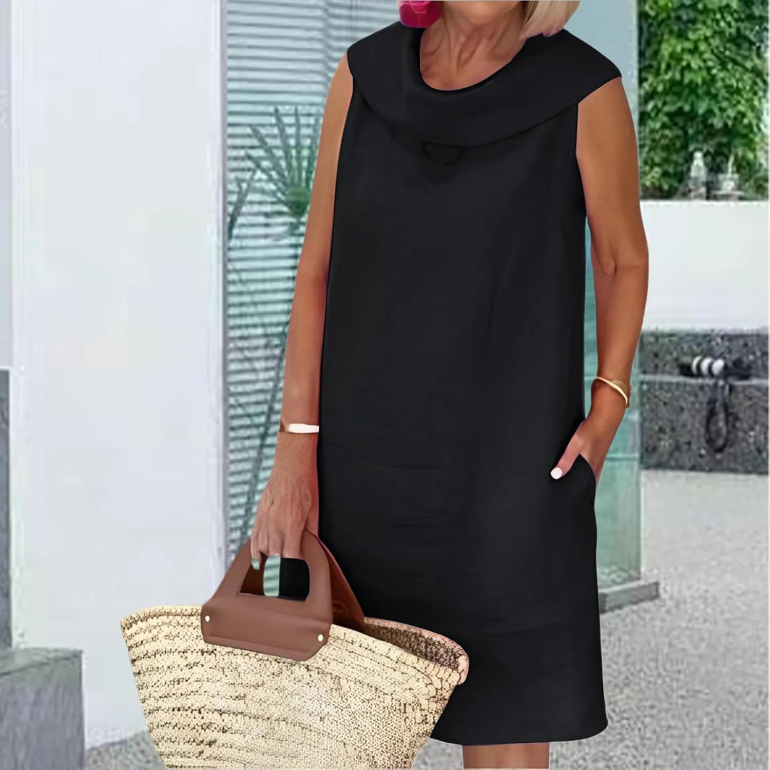 Linen Dress for Women Plus Size Sleeveless Turtleneck Tank Mini Dresses Casual Solid Flowy Midi Dresses with Pockets