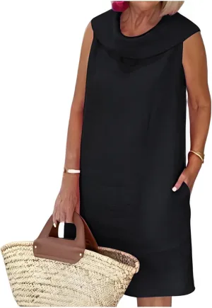 Linen Dress for Women Plus Size Sleeveless Turtleneck Tank Mini Dresses Casual Solid Flowy Midi Dresses with Pockets