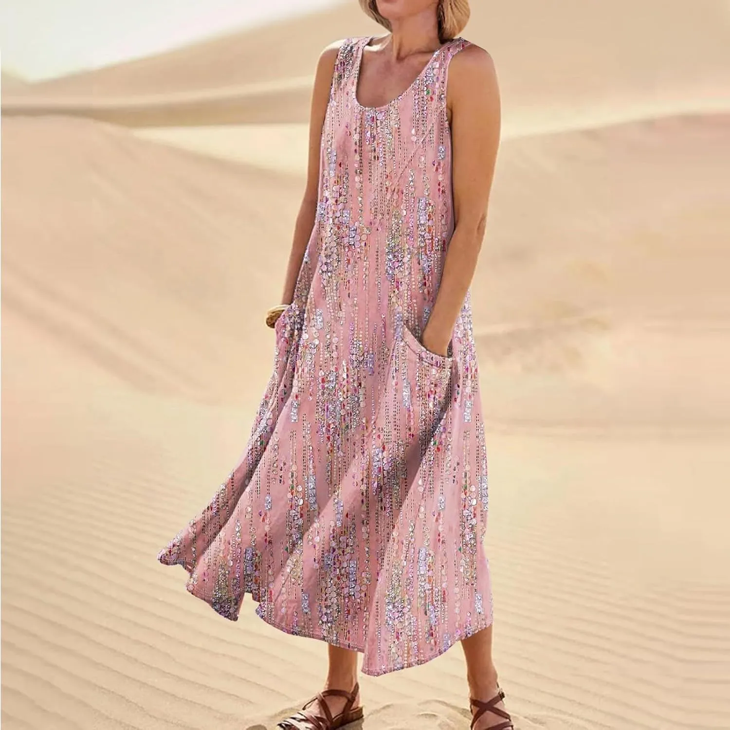 Linen Dresses for Women 2025 Summer Long Dress Sleeveless Elegant Flowy Plus Size Loose Sundress with Pockets