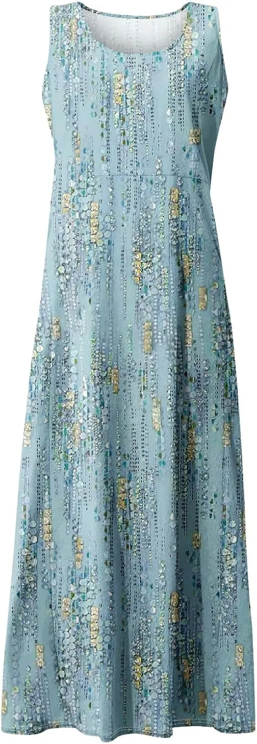 Linen Dresses for Women 2025 Summer Long Dress Sleeveless Elegant Flowy Plus Size Loose Sundress with Pockets
