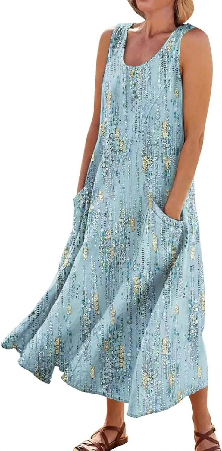 Linen Dresses for Women 2025 Summer Long Dress Sleeveless Elegant Flowy Plus Size Loose Sundress with Pockets