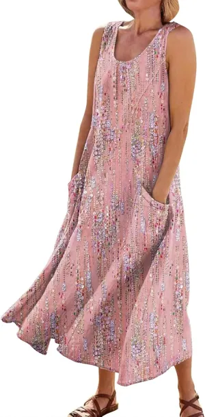 Linen Dresses for Women 2025 Summer Long Dress Sleeveless Elegant Flowy Plus Size Loose Sundress with Pockets