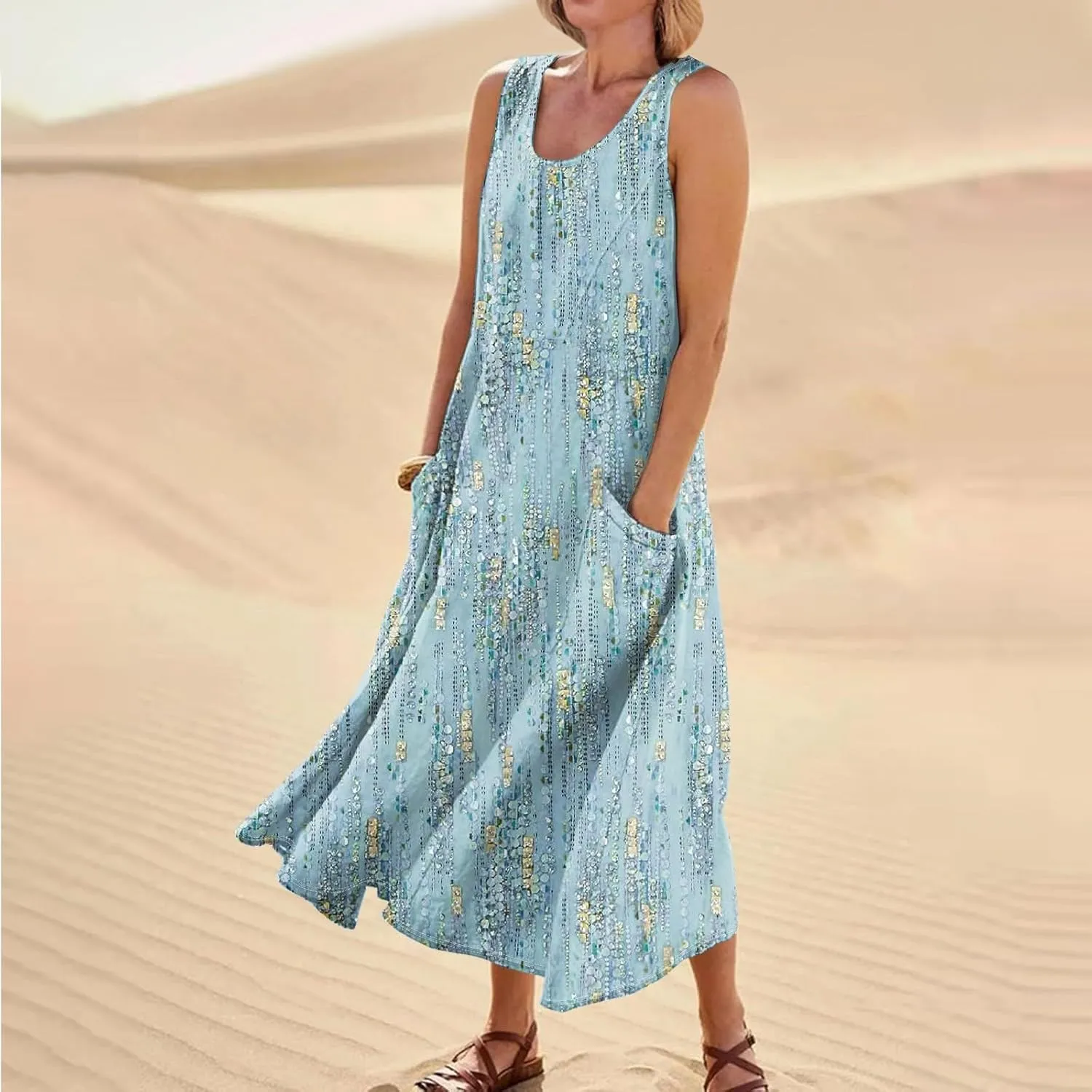 Linen Dresses for Women 2025 Summer Long Dress Sleeveless Elegant Flowy Plus Size Loose Sundress with Pockets