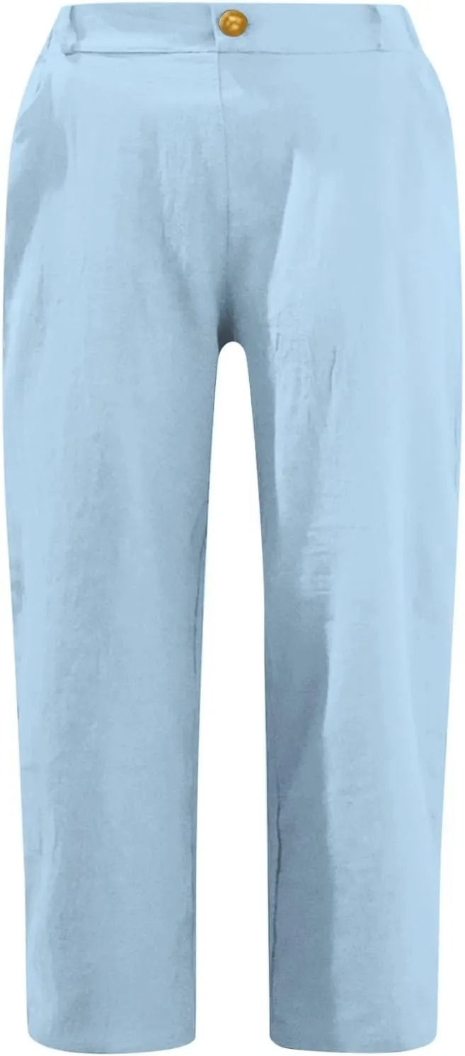 Linen Palazzo Pants for Women Relaxed Fit Straight Leg Trousers Summer Beach Travel Vacation 2025 Ladies Capris Pants