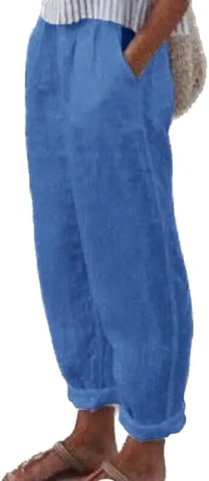 Linen Pants Women Straight Leg Summer Cotton Casual High Waist Elastic Linen Beach Pants