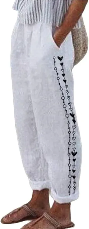 Linen Pants Women Straight Leg Summer Cotton Casual High Waist Elastic Linen Beach Pants