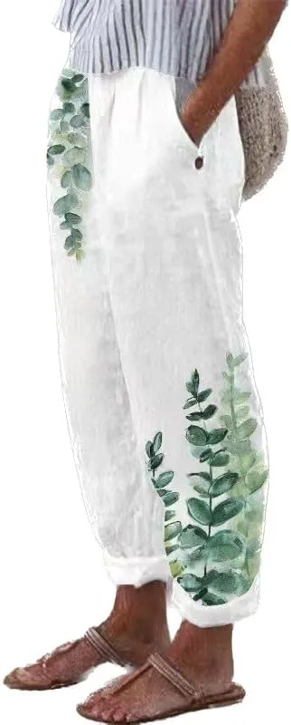 Linen Pants Women Straight Leg Summer Cotton Casual High Waist Elastic Linen Beach Pants