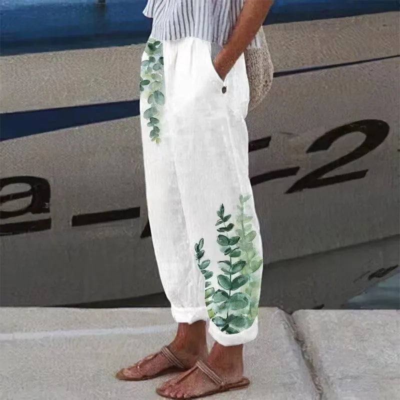 Linen Pants Women Straight Leg Summer Cotton Casual High Waist Elastic Linen Beach Pants