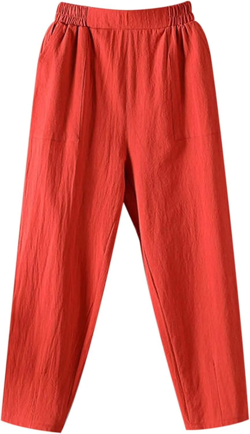 Linen Pants Women Summer 2025 High Elastic Waist Cropped Trouser Solid Color Relaxed Fit Beach Trousers with Pockets