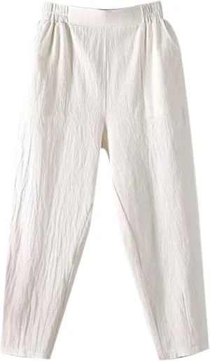 Linen Pants Women Summer 2025 High Elastic Waist Cropped Trouser Solid Color Relaxed Fit Beach Trousers with Pockets