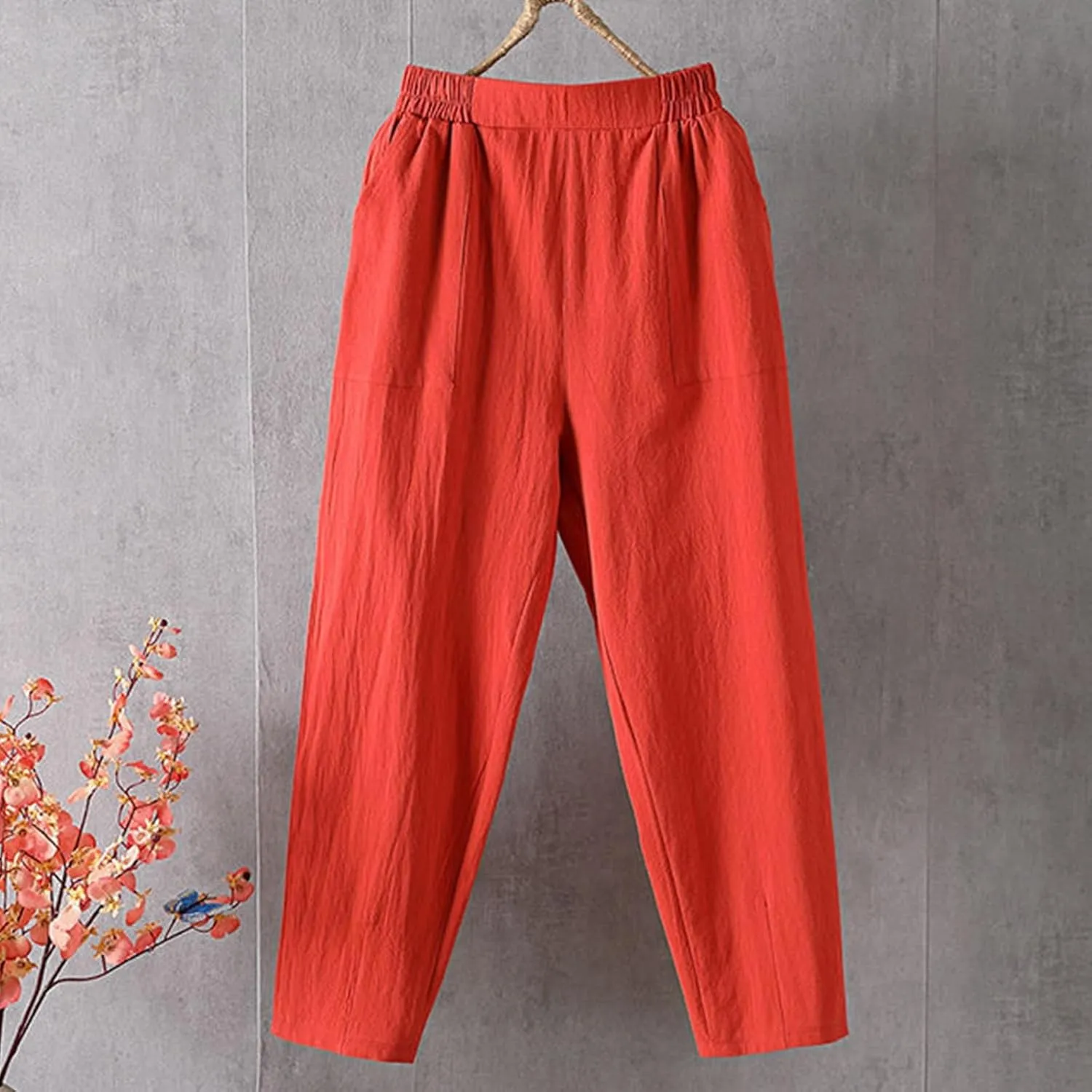 Linen Pants Women Summer 2025 High Elastic Waist Cropped Trouser Solid Color Relaxed Fit Beach Trousers with Pockets