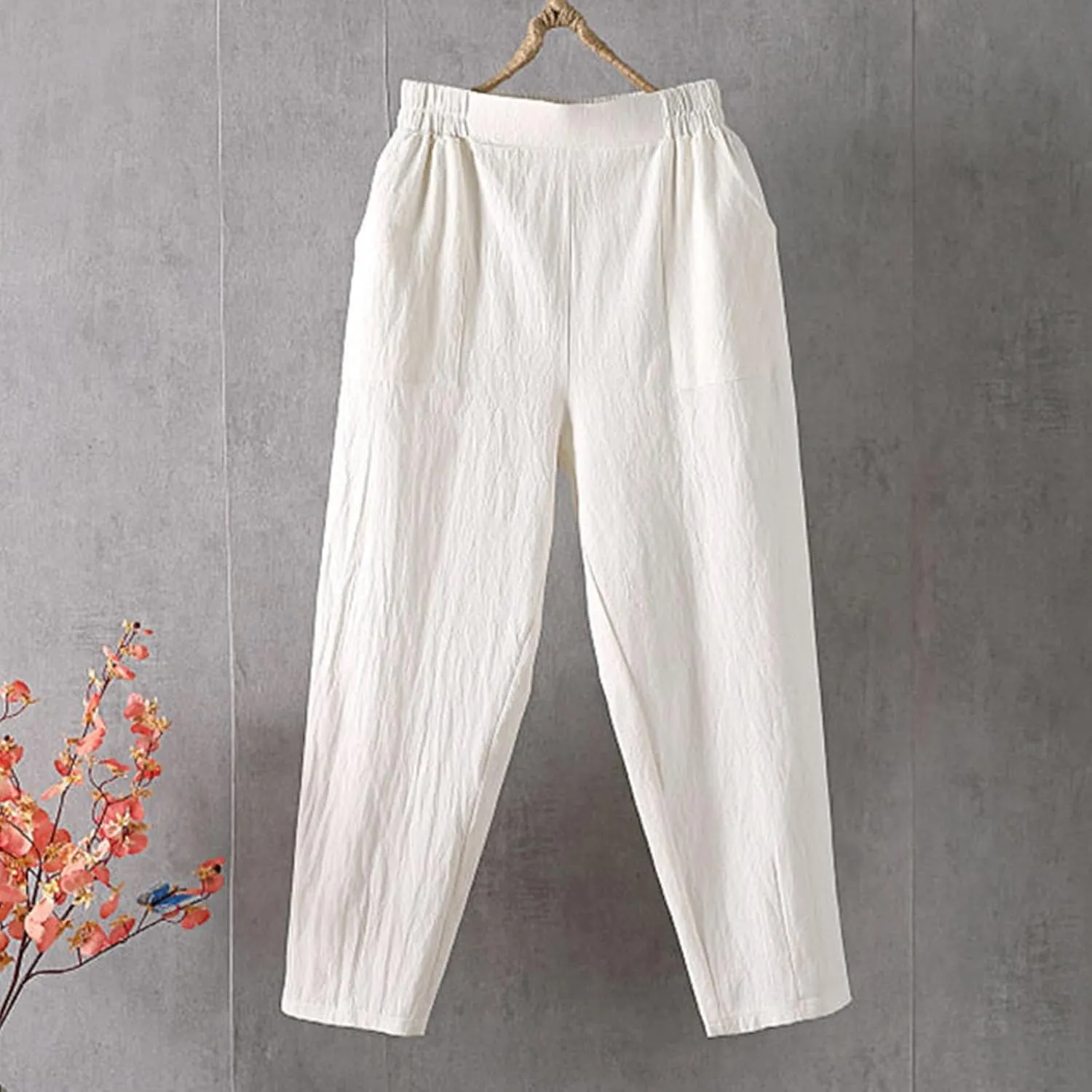 Linen Pants Women Summer 2025 High Elastic Waist Cropped Trouser Solid Color Relaxed Fit Beach Trousers with Pockets
