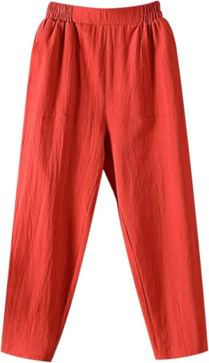 Linen Pants Women Summer 2025 High Elastic Waist Cropped Trouser Solid Color Relaxed Fit Beach Trousers with Pockets
