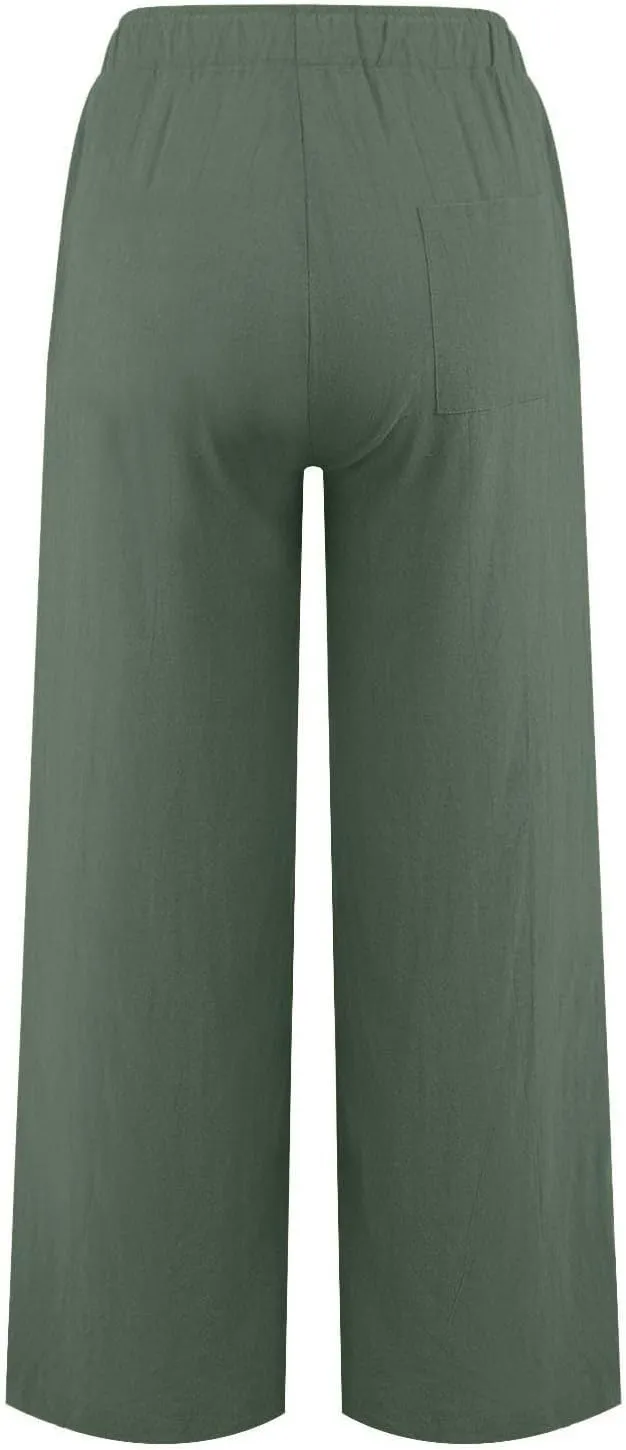 Linen Pants Women Summer Causal Drawstring High Waisted Work Pants Relaxed Fit Wide Leg Trouser Pants with Pockets