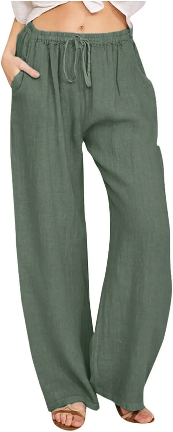 Linen Pants Women Summer Causal Drawstring High Waisted Work Pants Relaxed Fit Wide Leg Trouser Pants with Pockets
