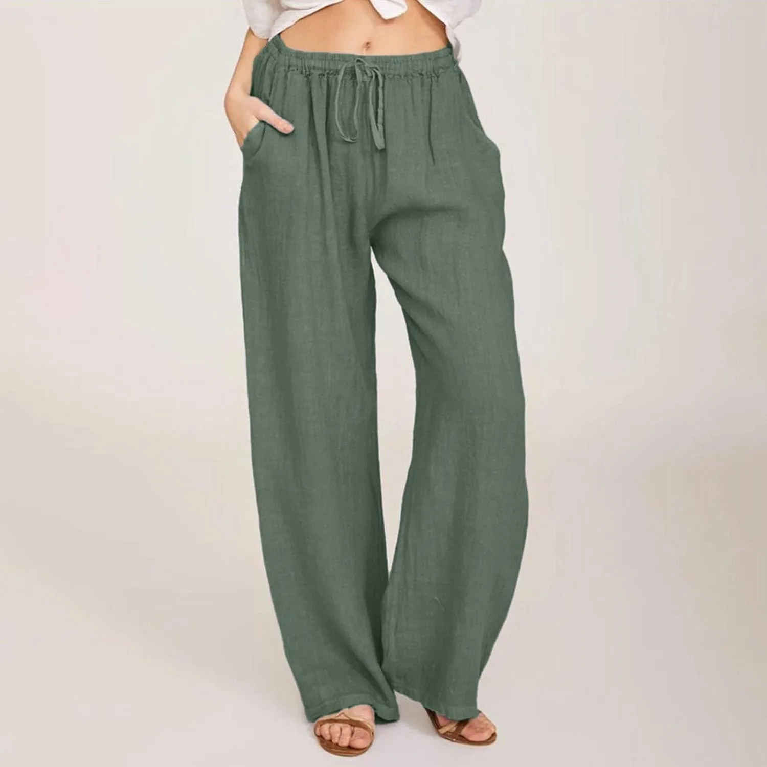 Linen Pants Women Summer Causal Drawstring High Waisted Work Pants Relaxed Fit Wide Leg Trouser Pants with Pockets