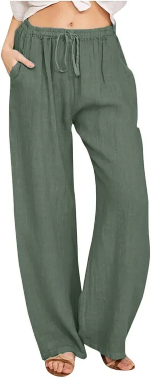 Linen Pants Women Summer Causal Drawstring High Waisted Work Pants Relaxed Fit Wide Leg Trouser Pants with Pockets