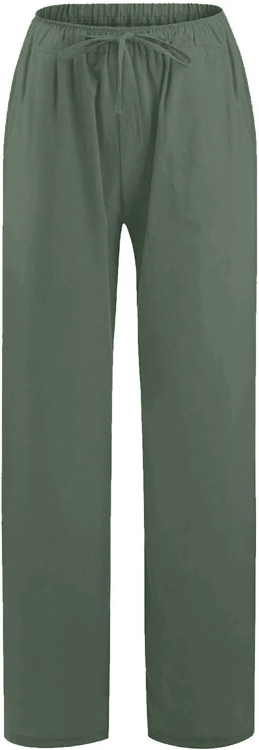 Linen Pants Women Summer Causal Drawstring High Waisted Work Pants Relaxed Fit Wide Leg Trouser Pants with Pockets