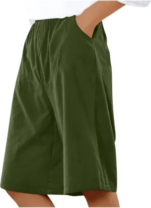 Linen Shorts Women High Waited Knee Length Summer Dressy Casual Long Shorts Trouser Wide Leg with Elastic Waist