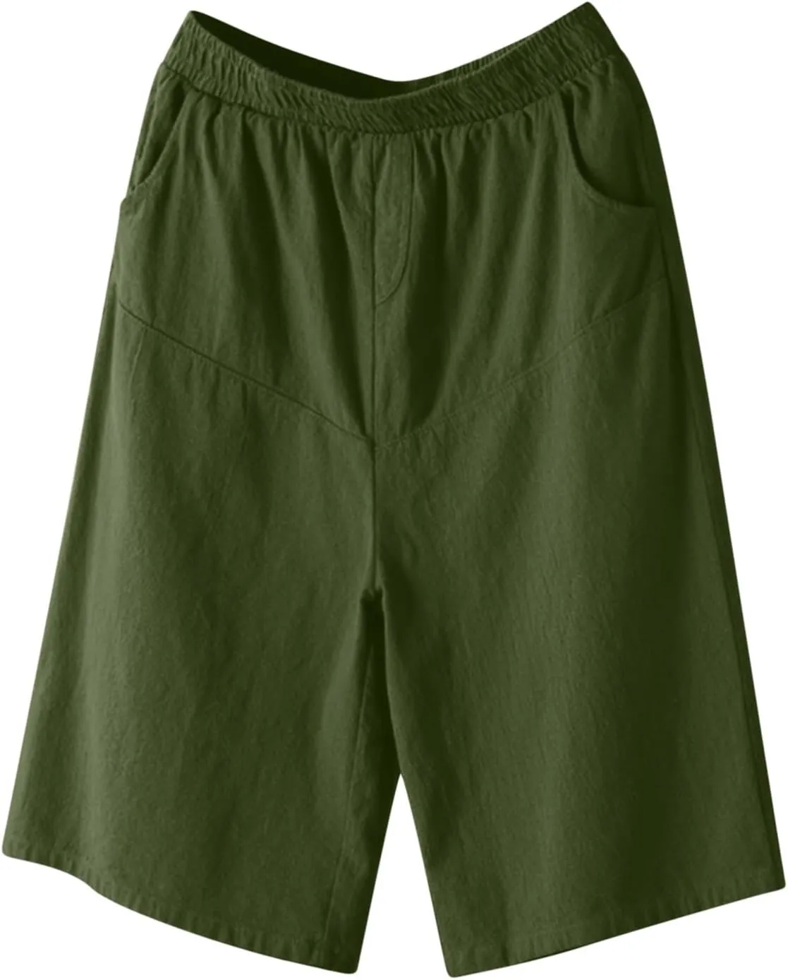Linen Shorts Women High Waited Knee Length Summer Dressy Casual Long Shorts Trouser Wide Leg with Elastic Waist