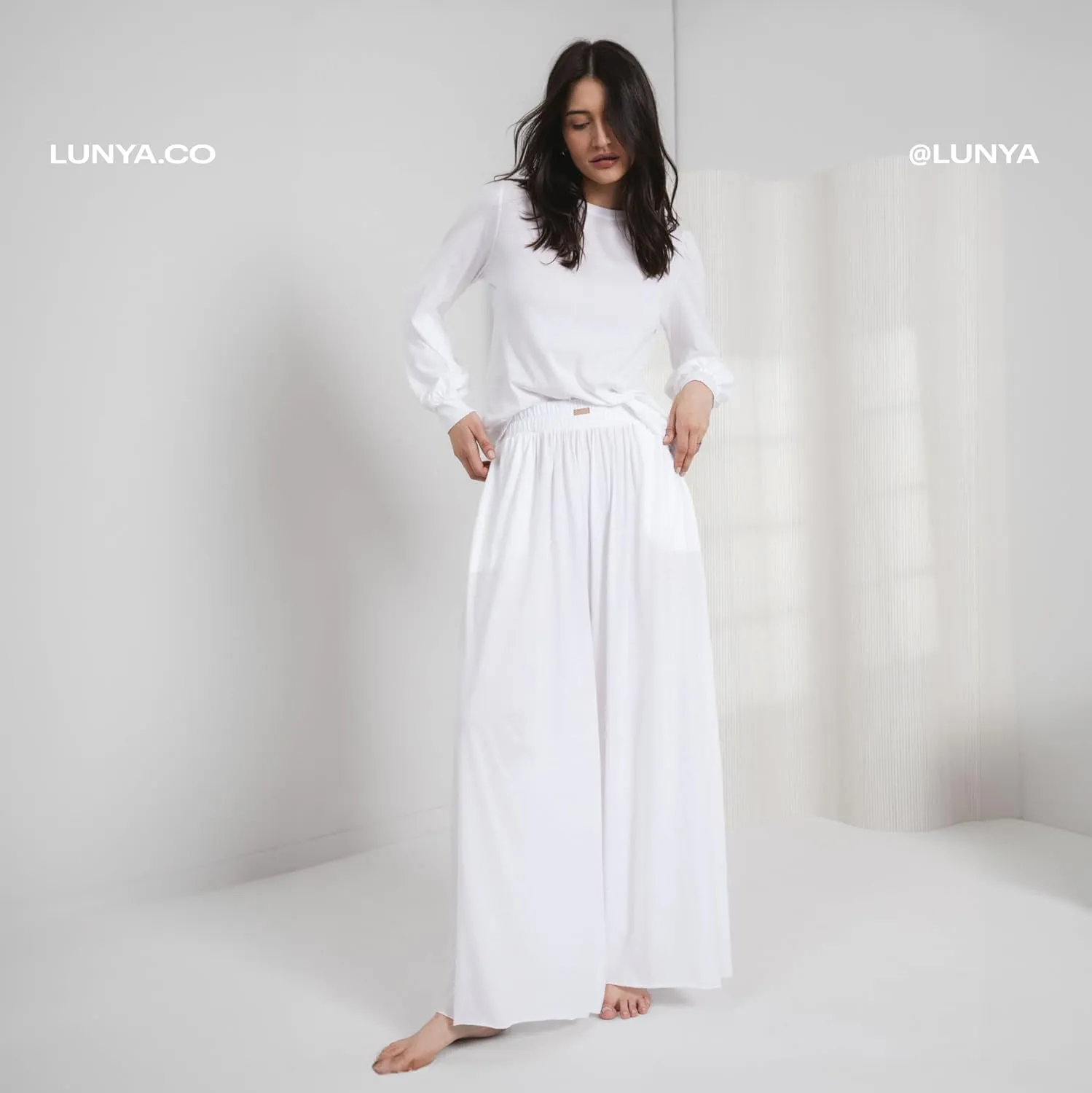 Lunya Organic Pima Wide Leg Cotton Pants for Women - Organic Cotton Palazzo Pants - High Rise Waistband - Relaxed Lounge Wear