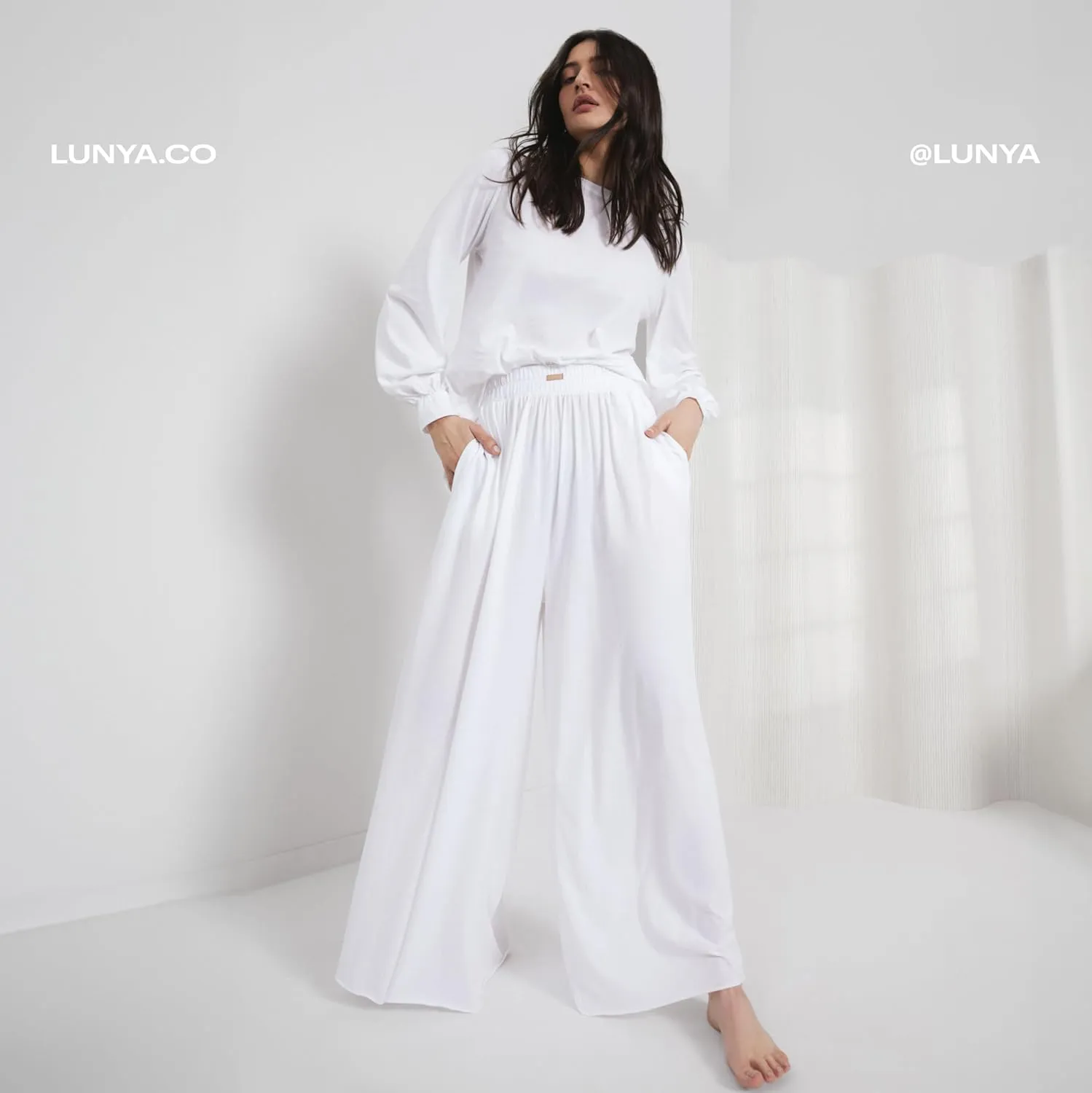 Lunya Organic Pima Wide Leg Cotton Pants for Women - Organic Cotton Palazzo Pants - High Rise Waistband - Relaxed Lounge Wear
