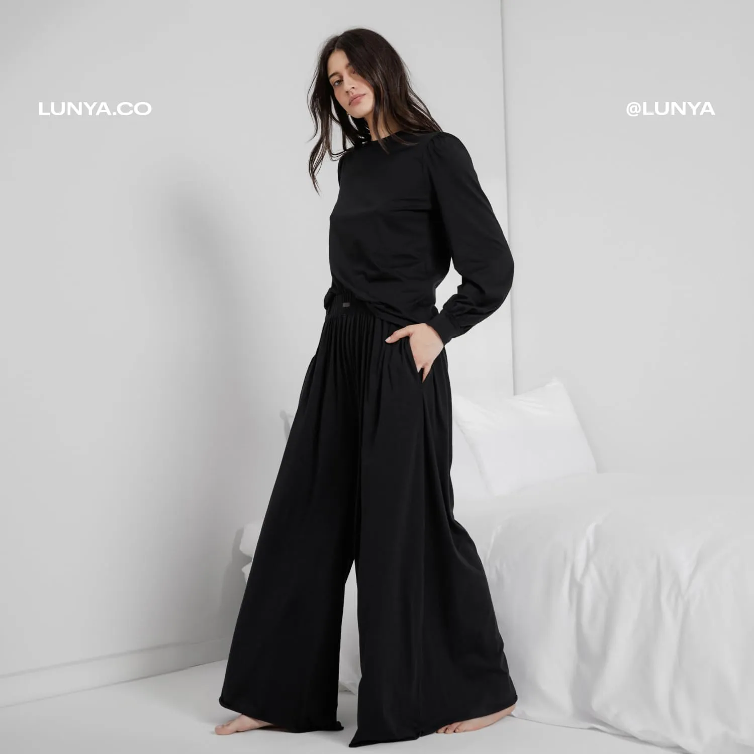 Lunya Organic Pima Wide Leg Cotton Pants for Women - Organic Cotton Palazzo Pants - High Rise Waistband - Relaxed Lounge Wear