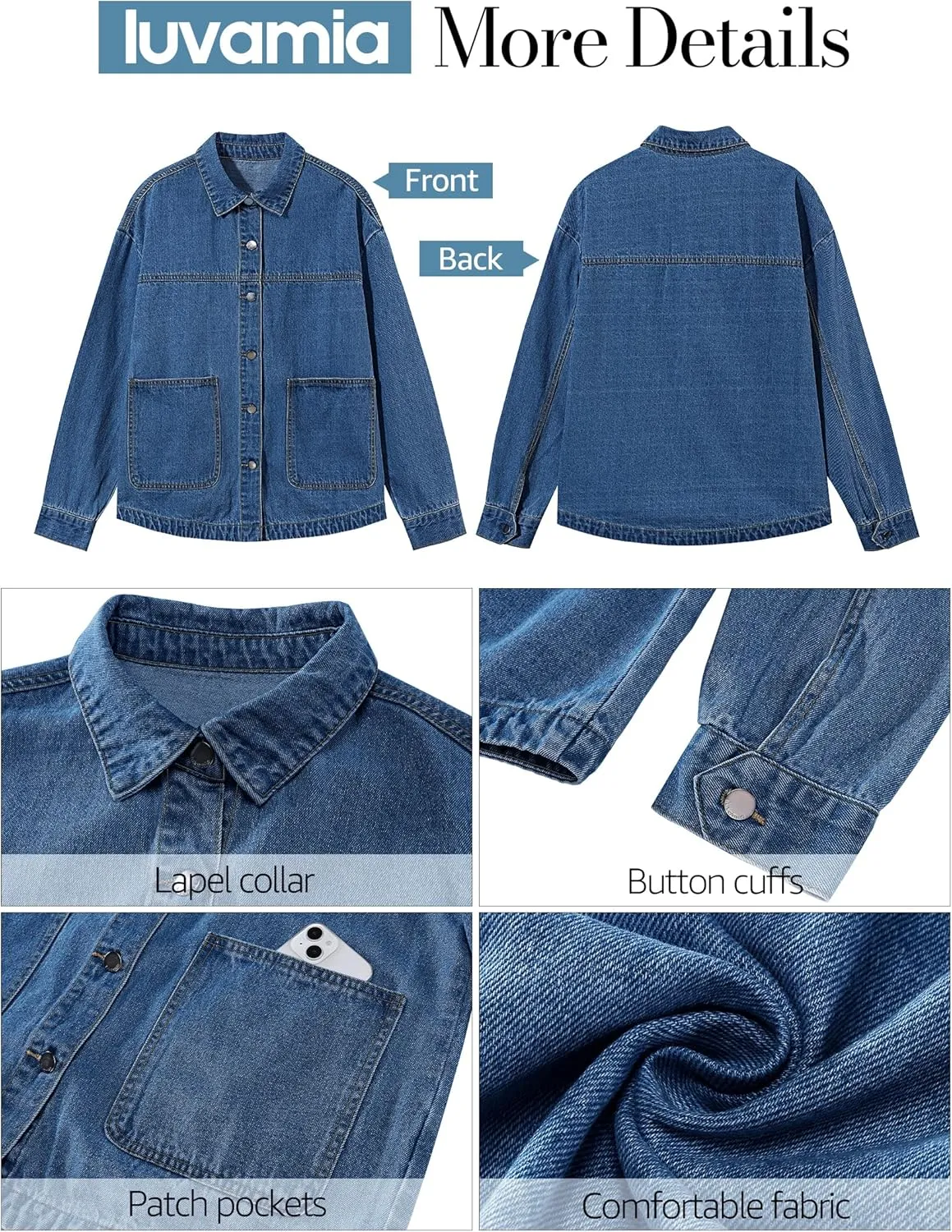 luvamia Denim Jackets for Women Trendy Oversized Long Sleeve Button Down Jean Jacket Casual Shacket with Patch Pockets