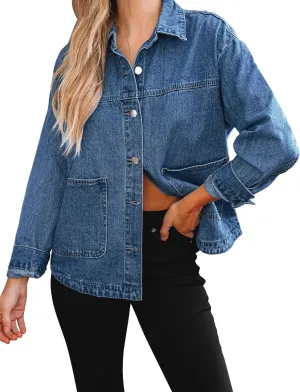 luvamia Denim Jackets for Women Trendy Oversized Long Sleeve Button Down Jean Jacket Casual Shacket with Patch Pockets