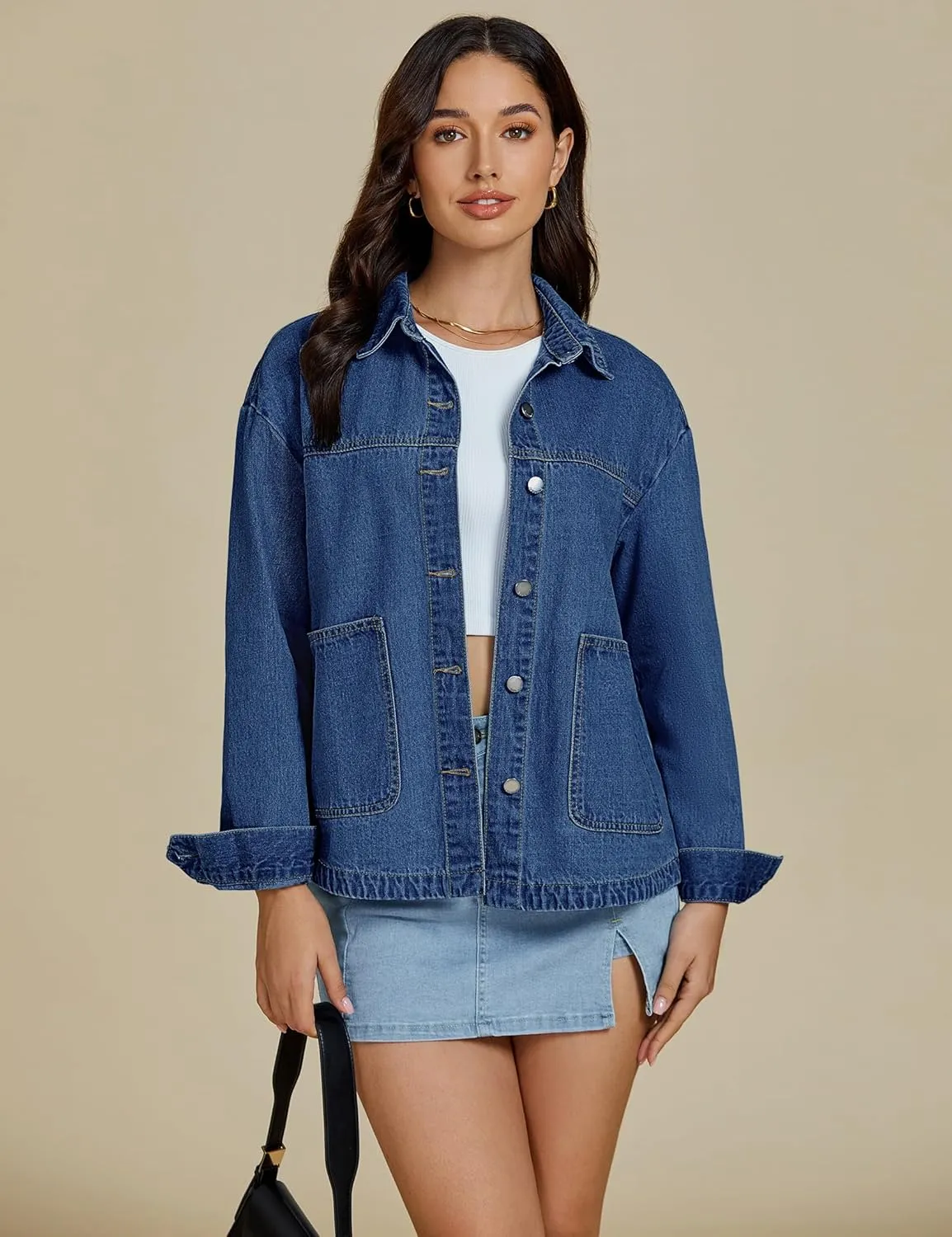 luvamia Denim Jackets for Women Trendy Oversized Long Sleeve Button Down Jean Jacket Casual Shacket with Patch Pockets