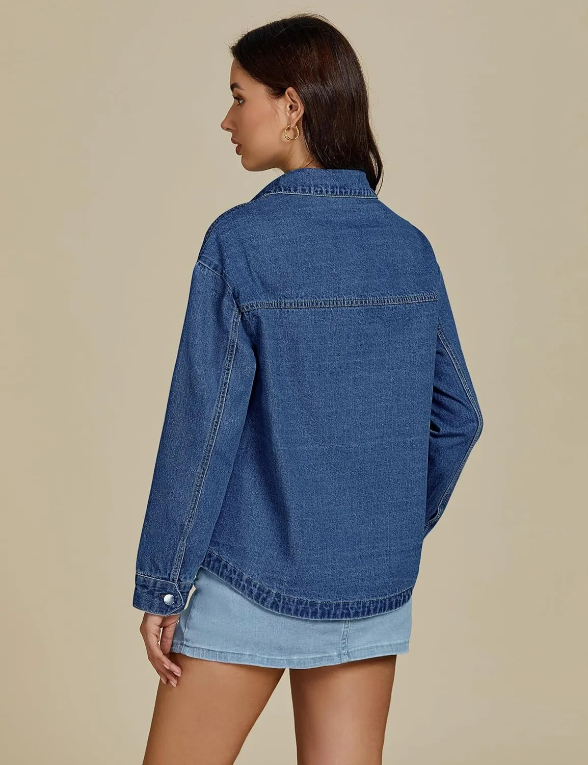 luvamia Denim Jackets for Women Trendy Oversized Long Sleeve Button Down Jean Jacket Casual Shacket with Patch Pockets