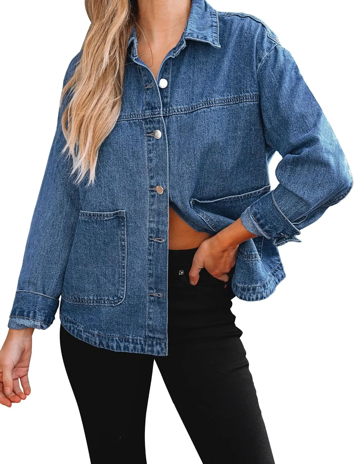 luvamia Denim Jackets for Women Trendy Oversized Long Sleeve Button Down Jean Jacket Casual Shacket with Patch Pockets