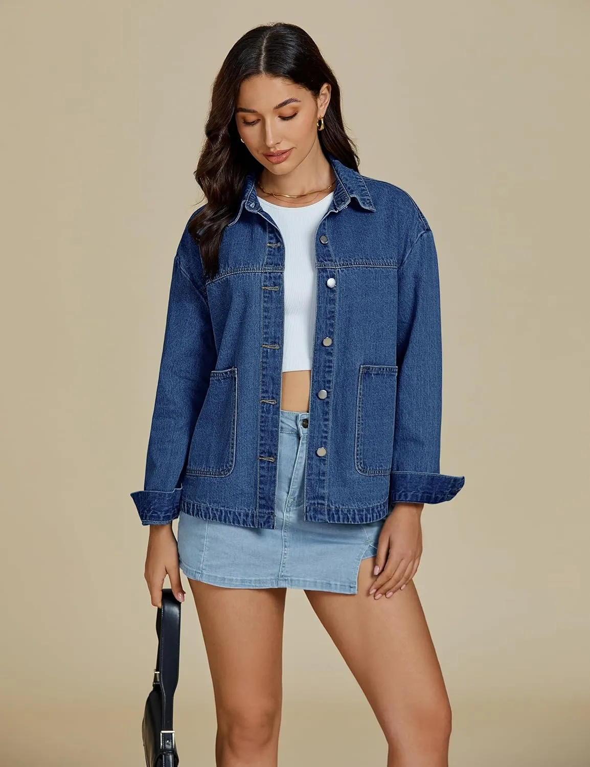 luvamia Denim Jackets for Women Trendy Oversized Long Sleeve Button Down Jean Jacket Casual Shacket with Patch Pockets