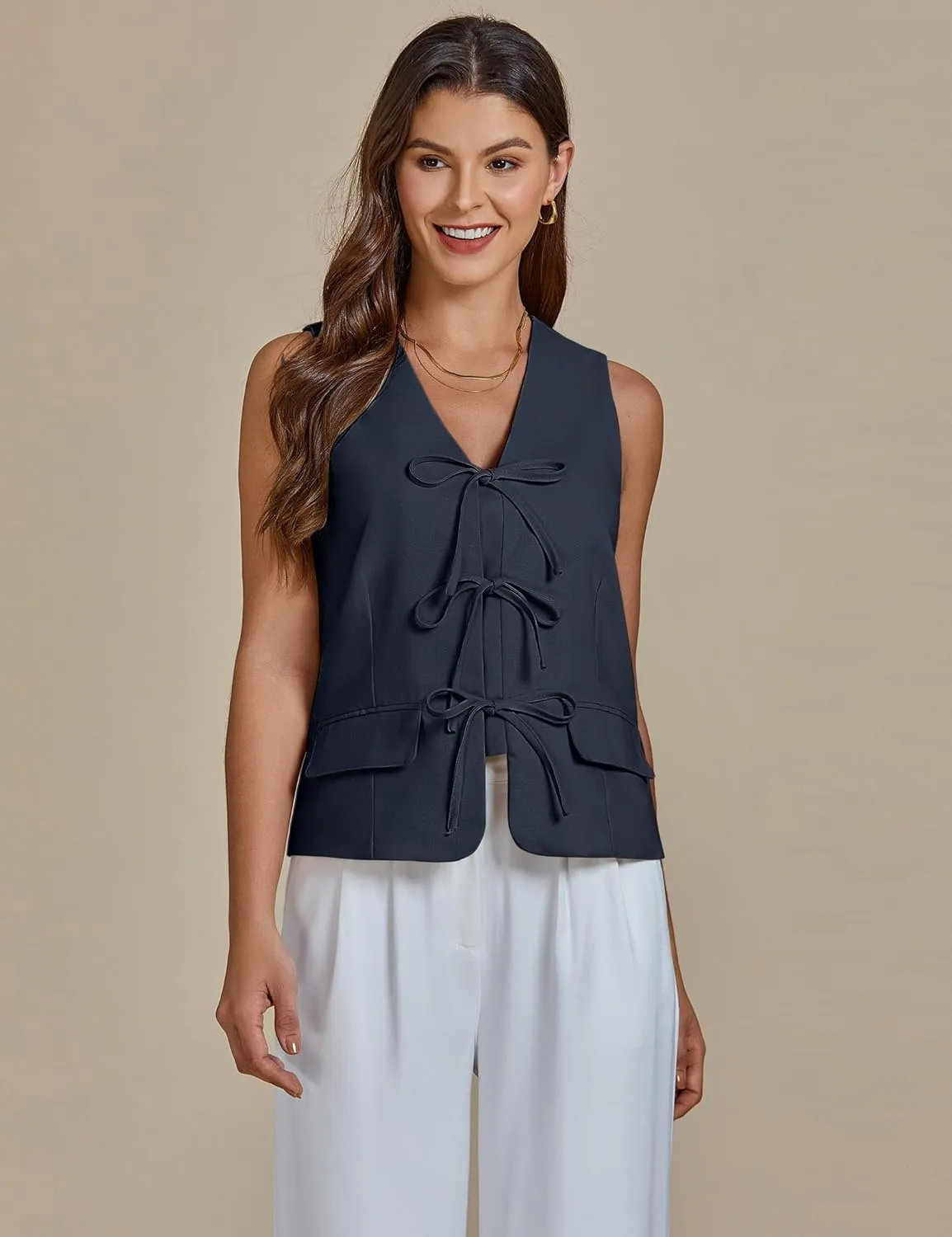 luvamia Linen Vest for Women Trendy Sleeveless Tie Front Tops Summer Casual Top Waistcoat Suit Vests with Pockets