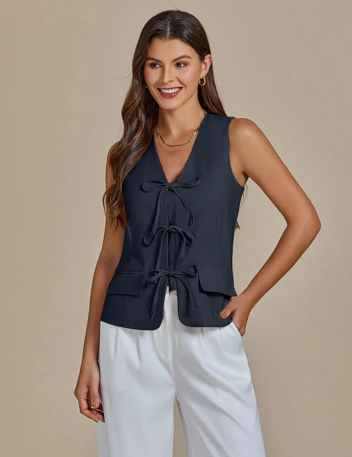 luvamia Linen Vest for Women Trendy Sleeveless Tie Front Tops Summer Casual Top Waistcoat Suit Vests with Pockets