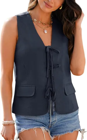 luvamia Linen Vest for Women Trendy Sleeveless Tie Front Tops Summer Casual Top Waistcoat Suit Vests with Pockets