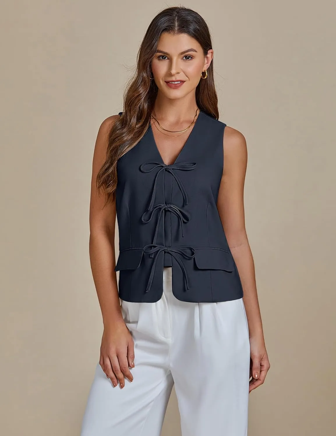luvamia Linen Vest for Women Trendy Sleeveless Tie Front Tops Summer Casual Top Waistcoat Suit Vests with Pockets