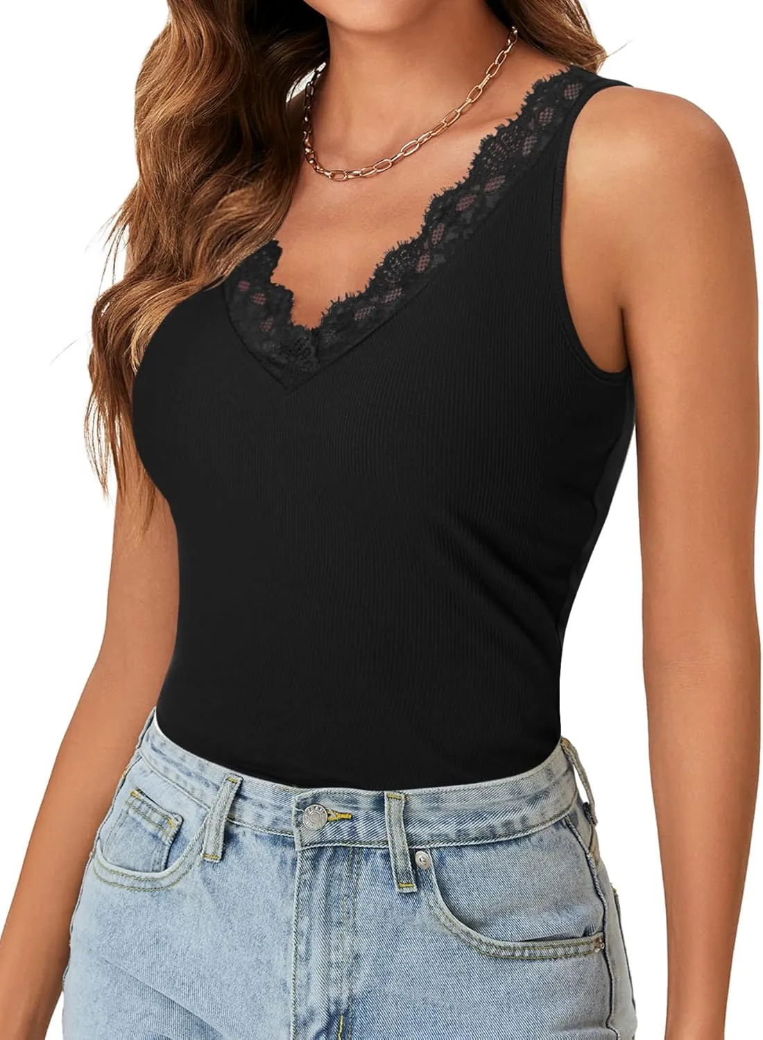 LYANER Womens Lace V Neck Camisole Ribbed Knit Cami Sleeveless Undershirt Top