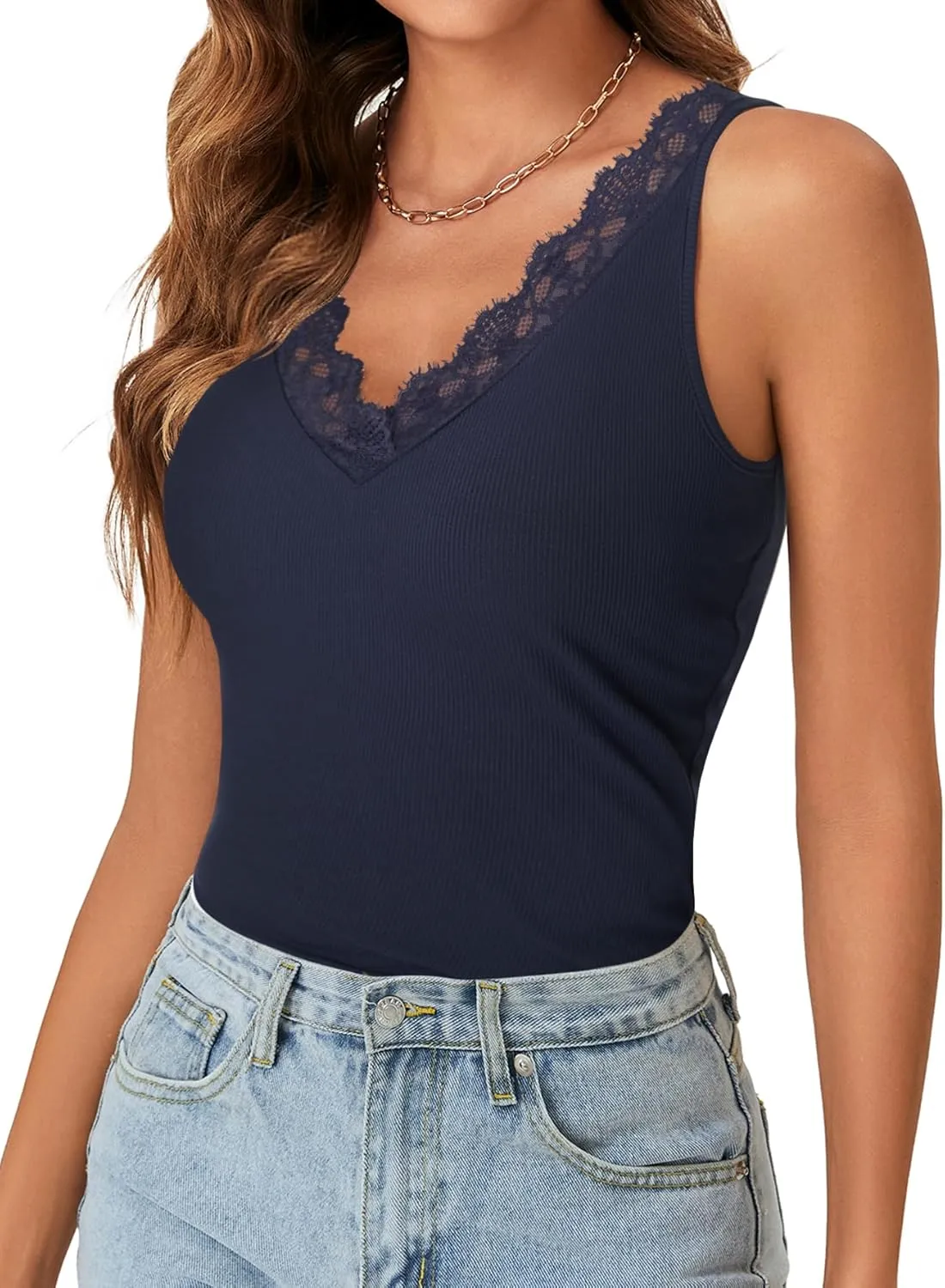 LYANER Womens Lace V Neck Camisole Ribbed Knit Cami Sleeveless Undershirt Top