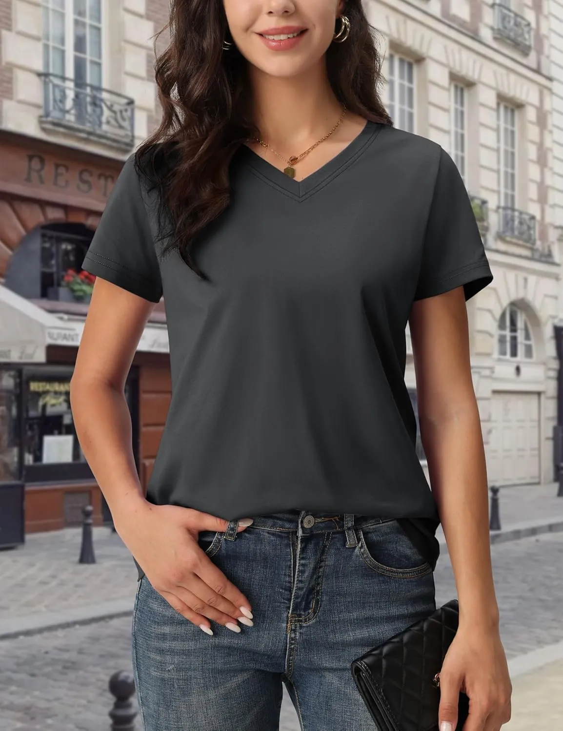 MAGCOMSEN Women's Cotton T Shirt V-Neck Short Sleeve Shirt Classic-Fit Casual Breathable Tee Summer Basic Tops