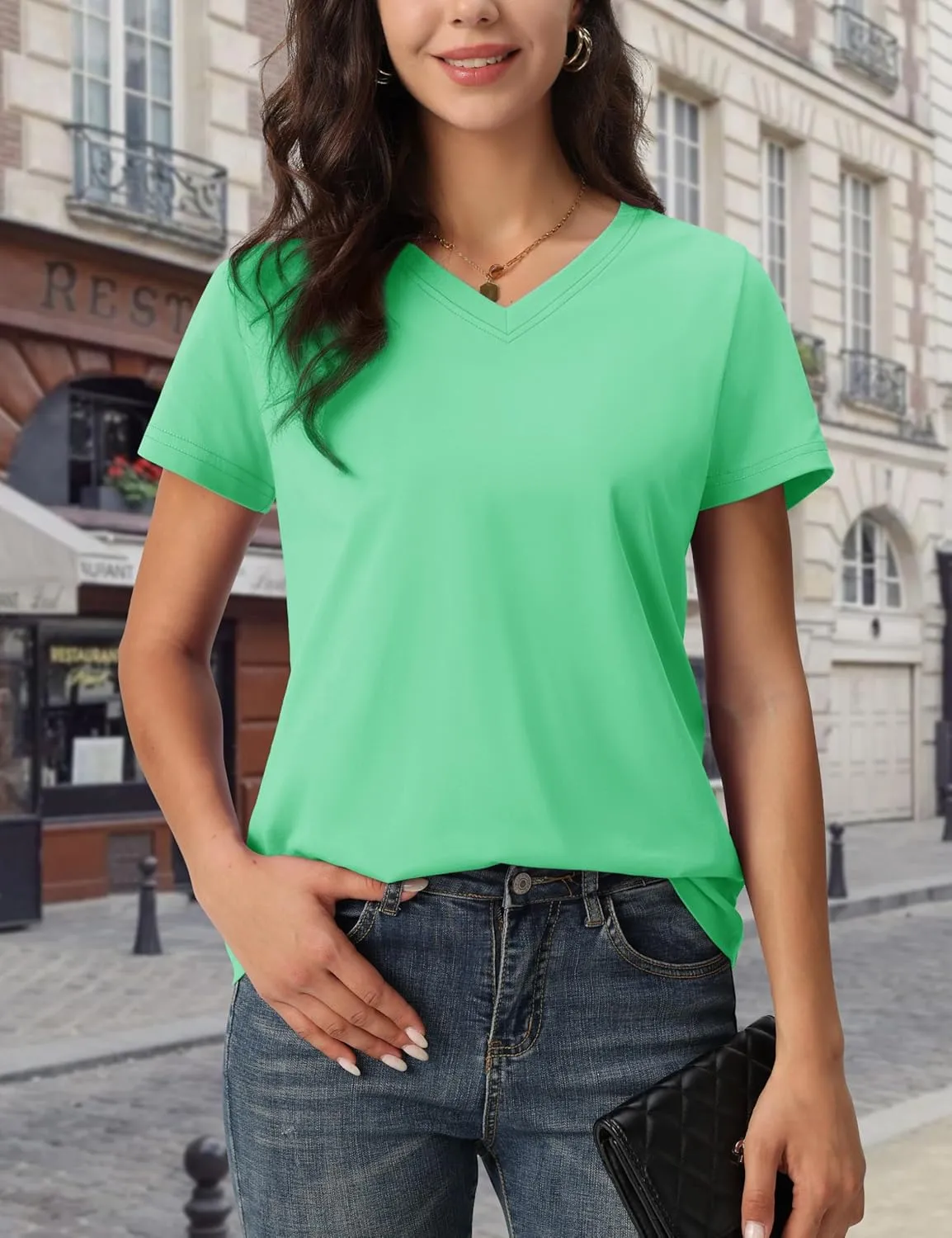 MAGCOMSEN Women's Cotton T Shirt V-Neck Short Sleeve Shirt Classic-Fit Casual Breathable Tee Summer Basic Tops