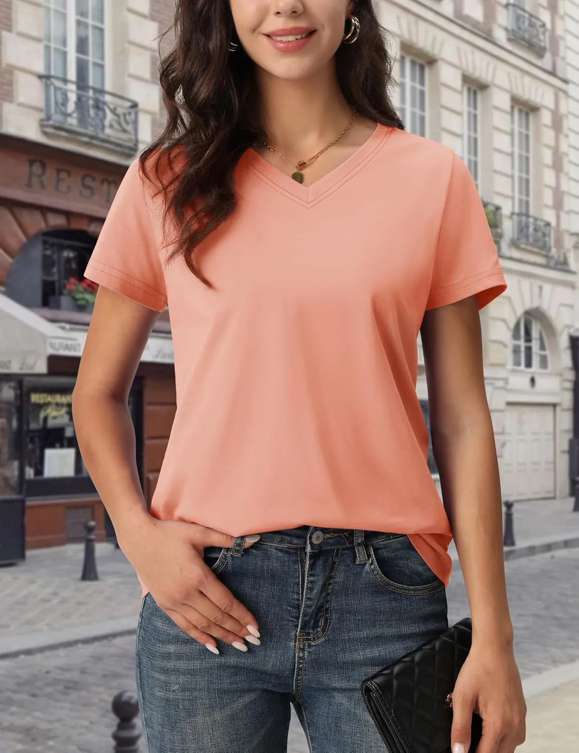 MAGCOMSEN Women's Cotton T Shirt V-Neck Short Sleeve Shirt Classic-Fit Casual Breathable Tee Summer Basic Tops