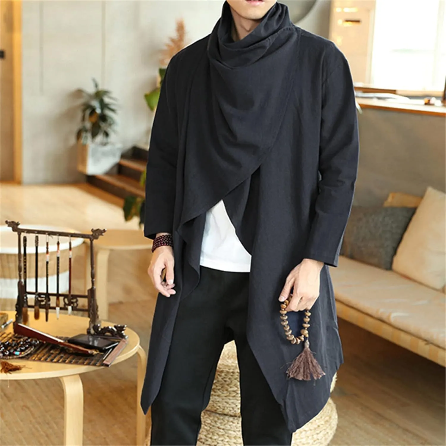 Maiyifu-GJ Men Lightweight Casual Cape Cloak Long Length Irregular Hem Pullover Overcoat Hip Hop Slim Poncho Sweatshirt Coat
