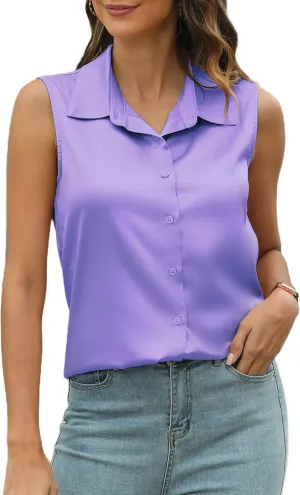 Mawor Womens Silk Satin Sleeveless Button Down Shirts Blouses Solid Casual Loose V Neck Classic Tank Tops for Work Office