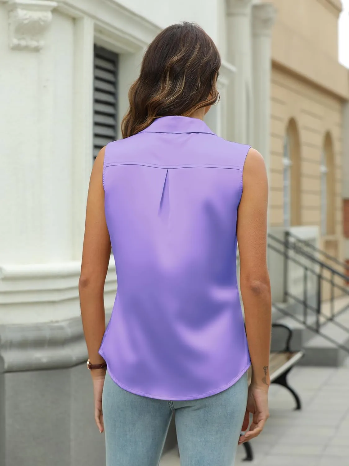 Mawor Womens Silk Satin Sleeveless Button Down Shirts Blouses Solid Casual Loose V Neck Classic Tank Tops for Work Office