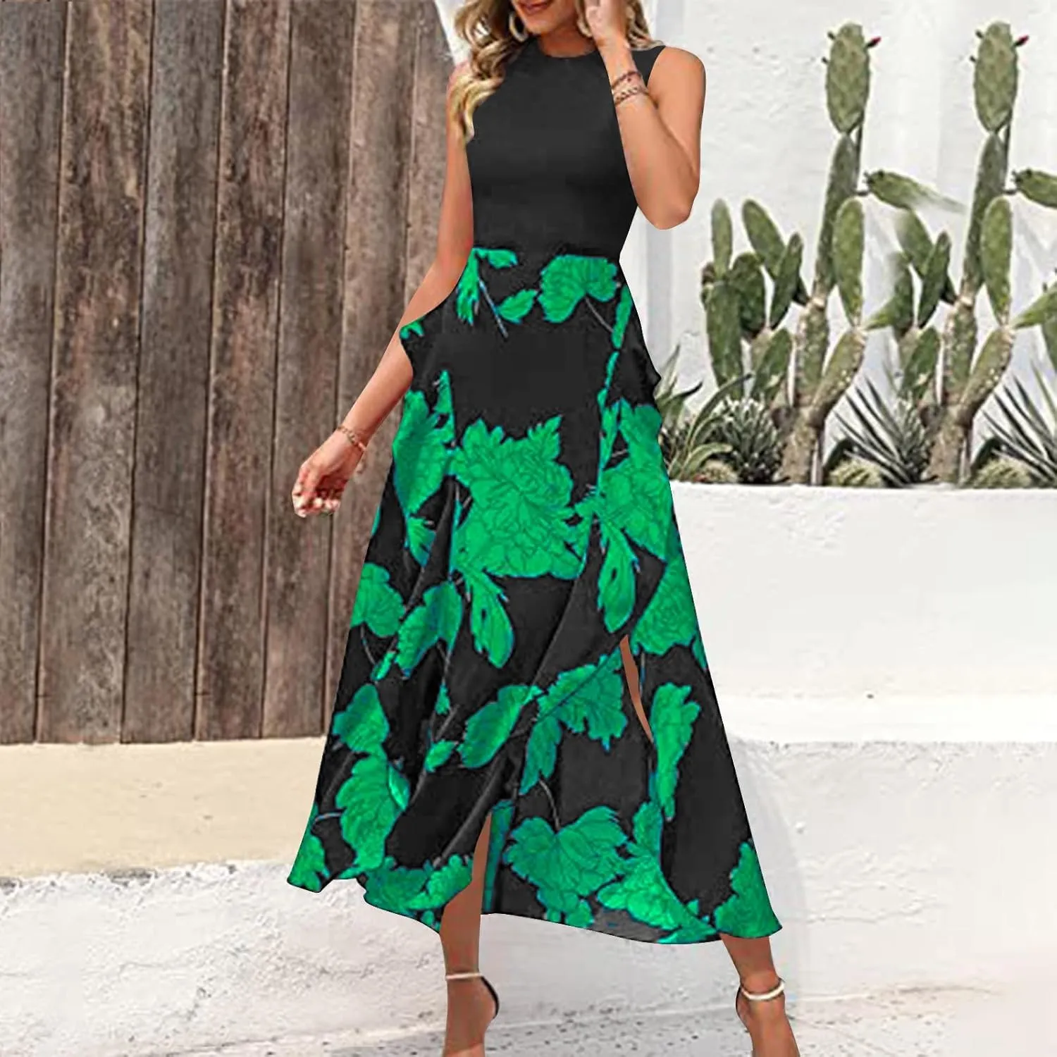 Maxi Boho Sun dresseses for Women 2024 Elegant Sleeveless Split Beach Long Flowy Dress Casual Summer Floral Dresses