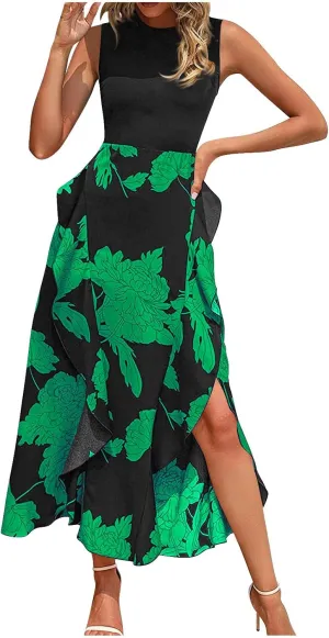 Maxi Boho Sun dresseses for Women 2024 Elegant Sleeveless Split Beach Long Flowy Dress Casual Summer Floral Dresses