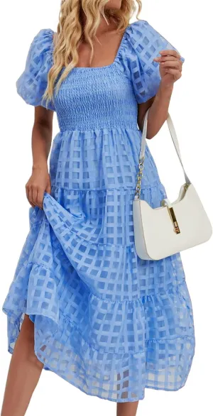 Maxi Dress for Women 2025 Spring Summer Solid Puff Sleeve Dresses Sexy Elegant A-Line Beach Sundresses